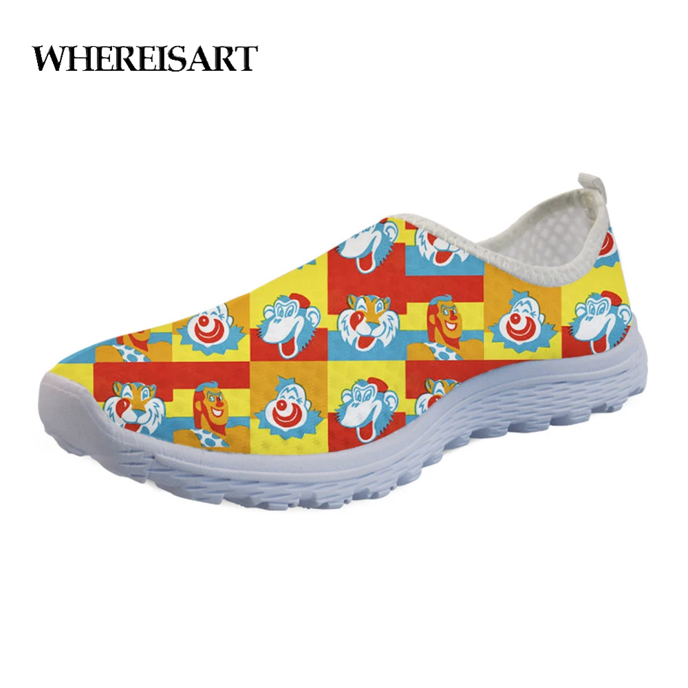

WHEREISART Casual Women's Light Flats Shoes Fashion Sneakers Cartoon Circus Clown Prints Summer Ladies Air Mesh Slip-on Loafers
