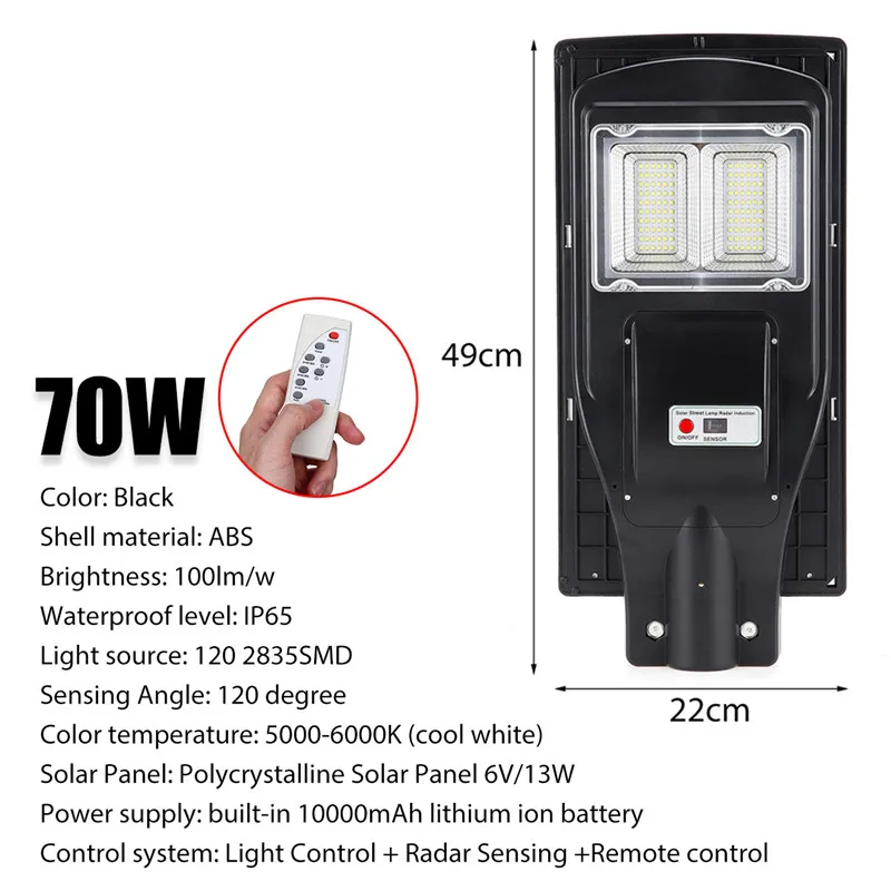 

70W Solar Street Wall Lamp 120Leds Light+Radar Sensing+Remote Control Solar Light Waterproof For Home Garden Fence Outdoor