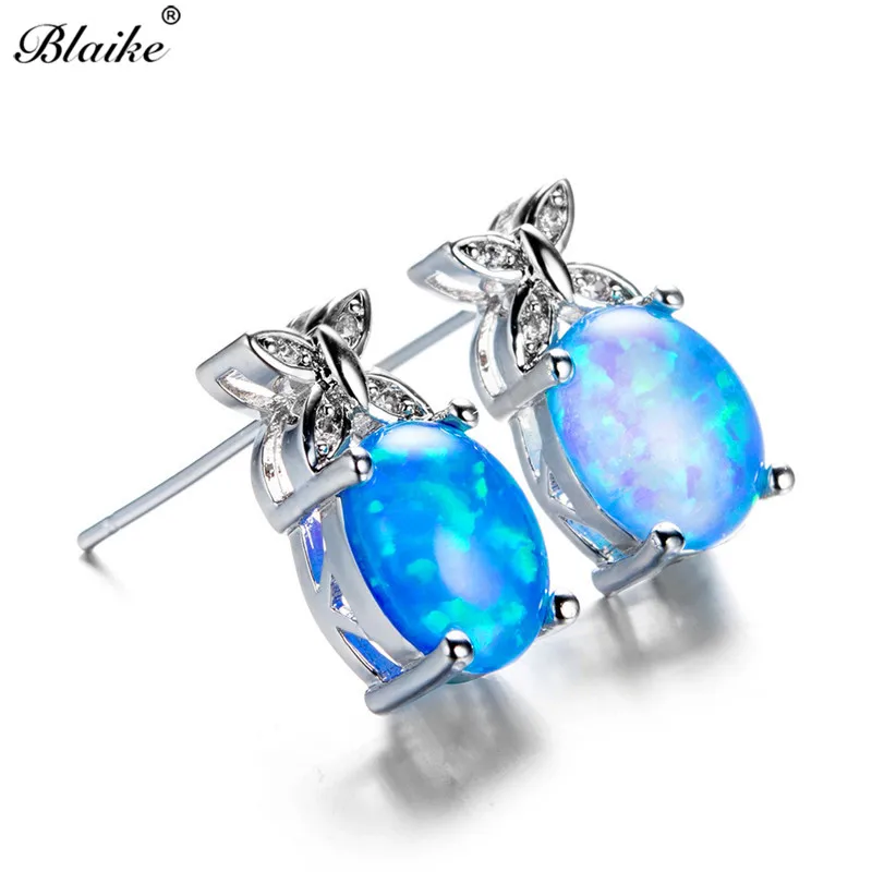 

Blaike Big Oval Blue/White Fire Opal Butterfly Stud Earrings for Women 925 Sterling Silver Filled Birthstone Bowknot Earrings