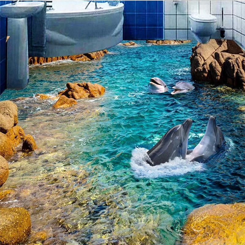 

beibehang Modern sticker 3D floor mural HD stone dolphin coast non-slip waterproof thickened self-adhesive PVC Wallpaper floor