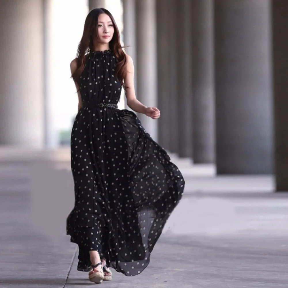 

Fashion Women Sexy Summer Dot Dress Boho Long Maxi Chiffon Dress Sleeveless Polka Dress
