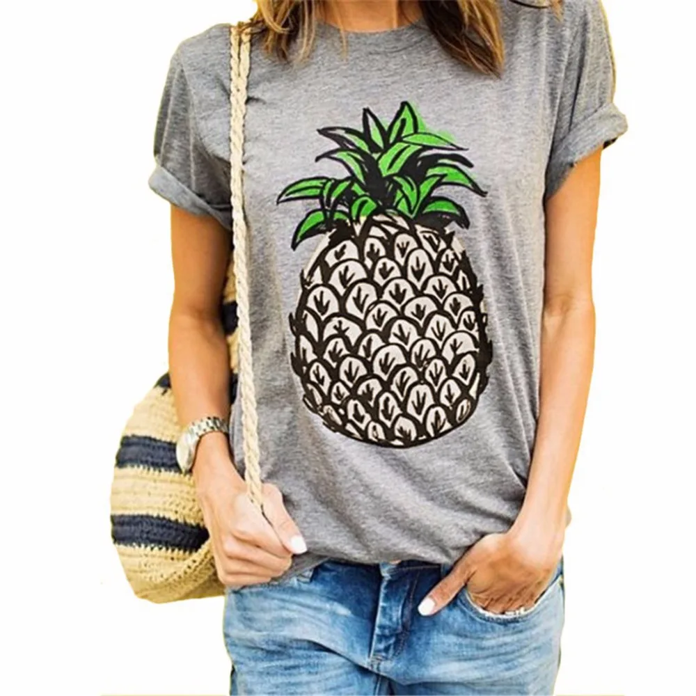 

Newest S-2XL Women T Shirt Round Collar Short Sleeve Pineapple Print Casual Summer Designer Gray/White