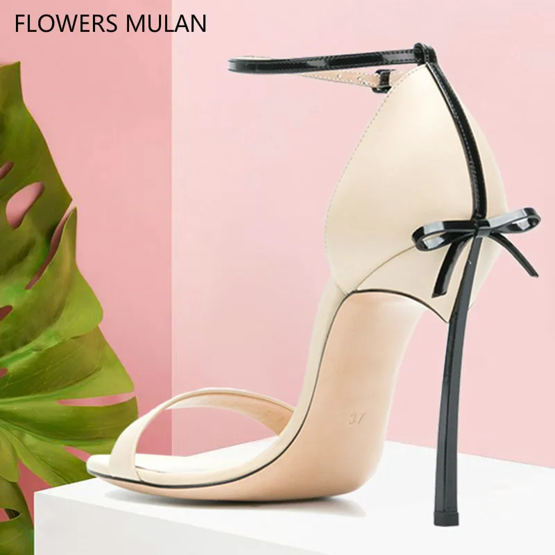 

2018 New Summer Two-tone Sandals Women Back Bow Open Toe Ankle Wrap Metal Stiletto High Heels Pumps Party Wedding Women Shoes