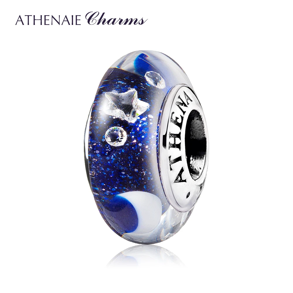 ATHENAIE 925 Sterling Silver Clear CZ Starry Night Sky Murano Glass Beads Fit European Style Jewelry Charms Bracelets  for Women