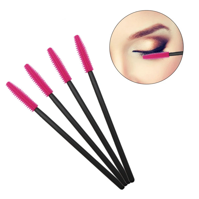 50pcs One-off Silicone Mascara Wands Applicator Disposable Eyelash Brushes Towel Shape Makeup Brush For Eyelash Extension - Handle Color: Black  rose red