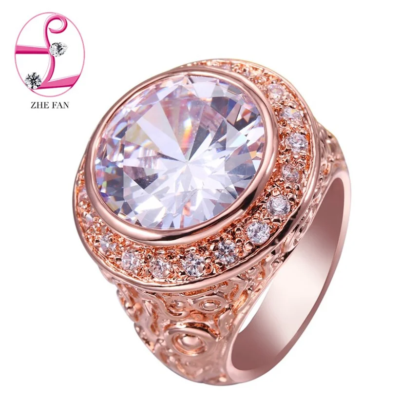 ZHE FAN Rose del Color del Oro Anillos de Compromiso Para la Mujer Accesorios Anillo de Regalo Redonda de Lujo Clásico AAA Cubic Zirconia Tamaño 5-10