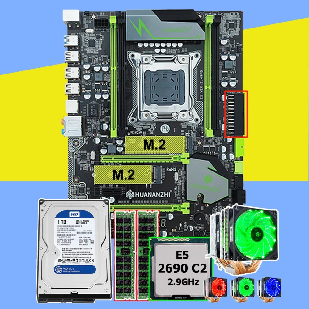 ^Cheap HUANANZHI X79 Pro motherboard with dual M.2 SSD slot CPU Xeon E5 2690 2.9GHz 6 tubes cooler RAM 16G(2*8G) RECC 1TB SATA3.0 HDD