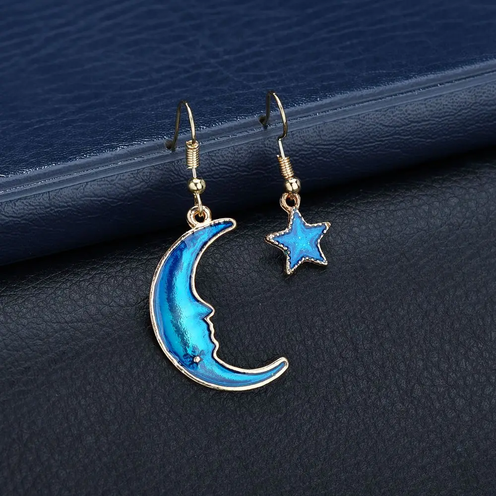 Terreau Kathy 2018 New Korean Style Jewelry Blue Star Moon Long Drop Earrings For Women Asymmetric Round Planet Earrings Fashion