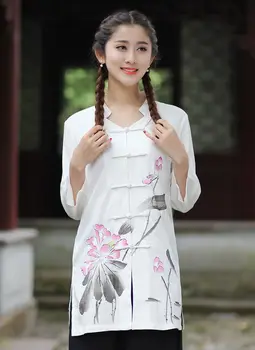 

New Arrival White Chinese Women's Cotton Linen Shirt Tops Summer Blouse tang Clothing Size S M L XL XXL XXXL 2620-1