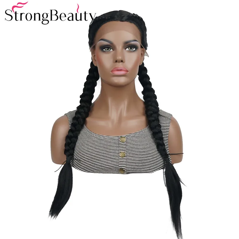 StrongBeauty, две косы, волосы на шнурках, передние парики для женщин, синтетические волосы, длинный черный парик на шнурке