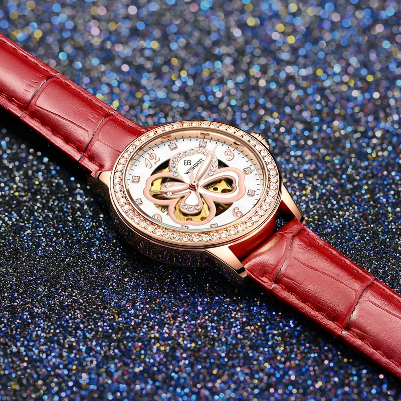 WISHDOIT Fashion Elegant Women Mechanical Wrist Watch Leather Watchband Female Automatic Clock Crystal Decoration Skeleton Dial WISHDOIT Fashion Elegant Women Mechanical Wrist Watch Leather Watchband Female Automatic Clock Crystal Decoration Skeleton Dial