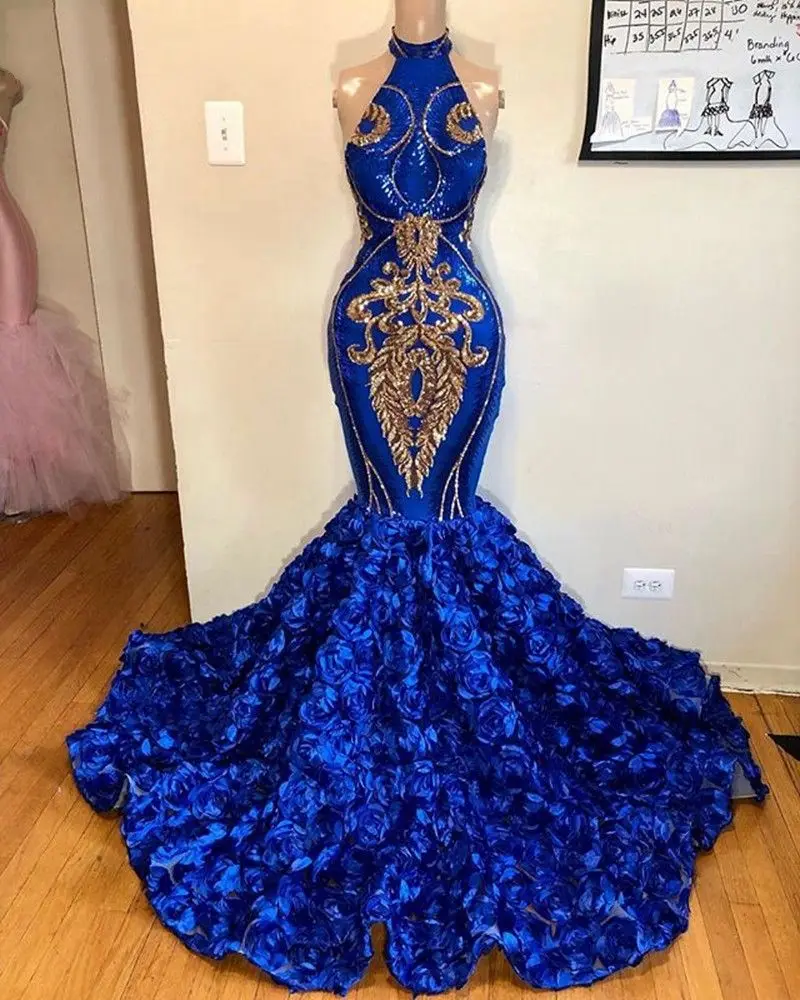 

African Royal Blue Prom Dresses Mermaid 2019 Sexy Halter Backless Rose Train Elegant Women Prom Party Gowns For Black Girls
