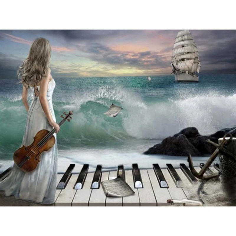 

Diamond embroidery Girl Playing Piano & Sea Diy diamond painting round drill mosaic pasted cross stitch Crafts Needlework KBL