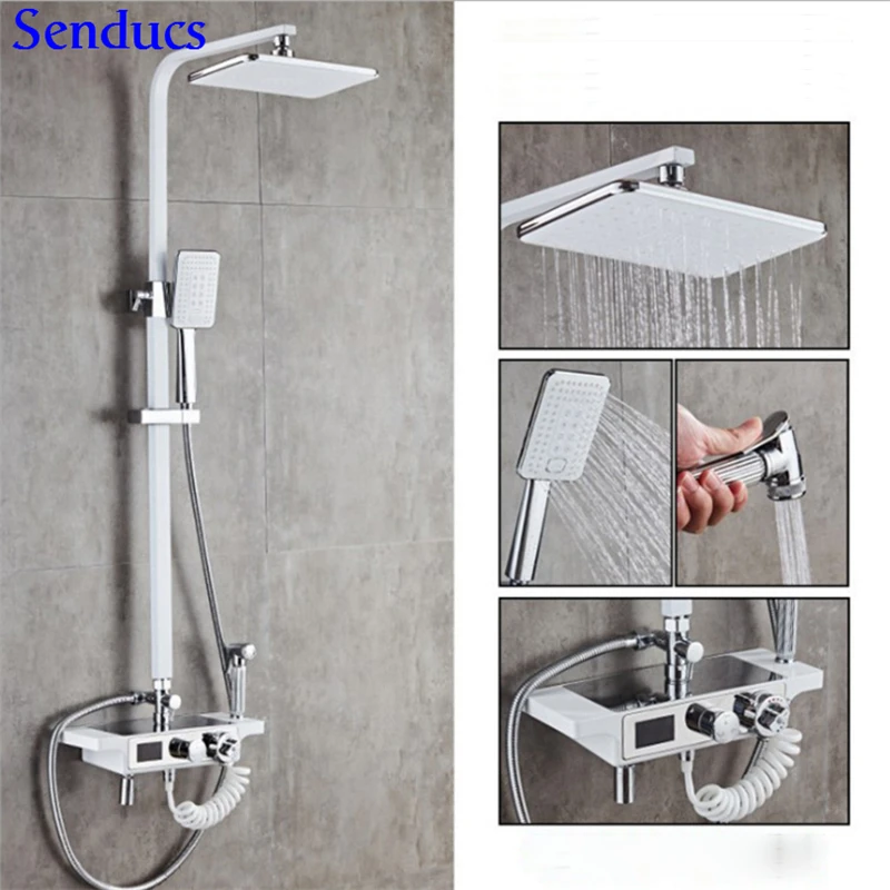 

Senducs White Digital Shower Set with Quality Chrome Bathroom Bidet Raining Top Shower for Luxury White Thermostatic Shower Set