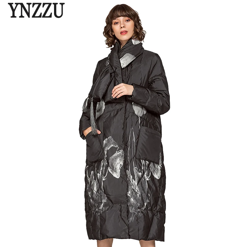 YNZZU, китайский стиль,, зимняя куртка, женская, элегантная, с принтом, очень длинная, свободная, женский пуховик с шарфом, теплое пальто O630