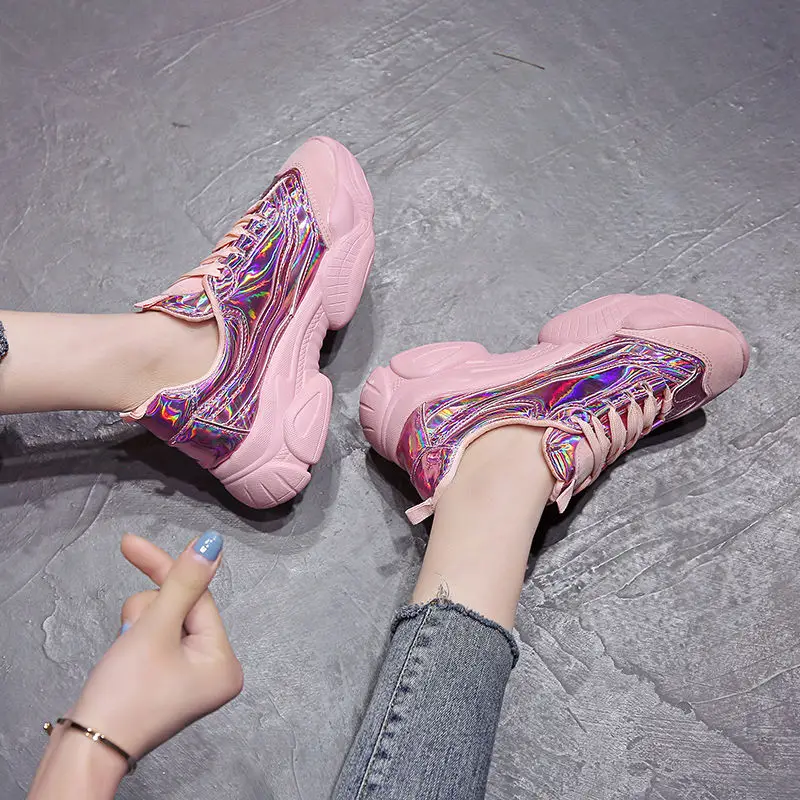 

spring new net red laser face thick bottom platform shoes Korean version of the wild lace old shoes