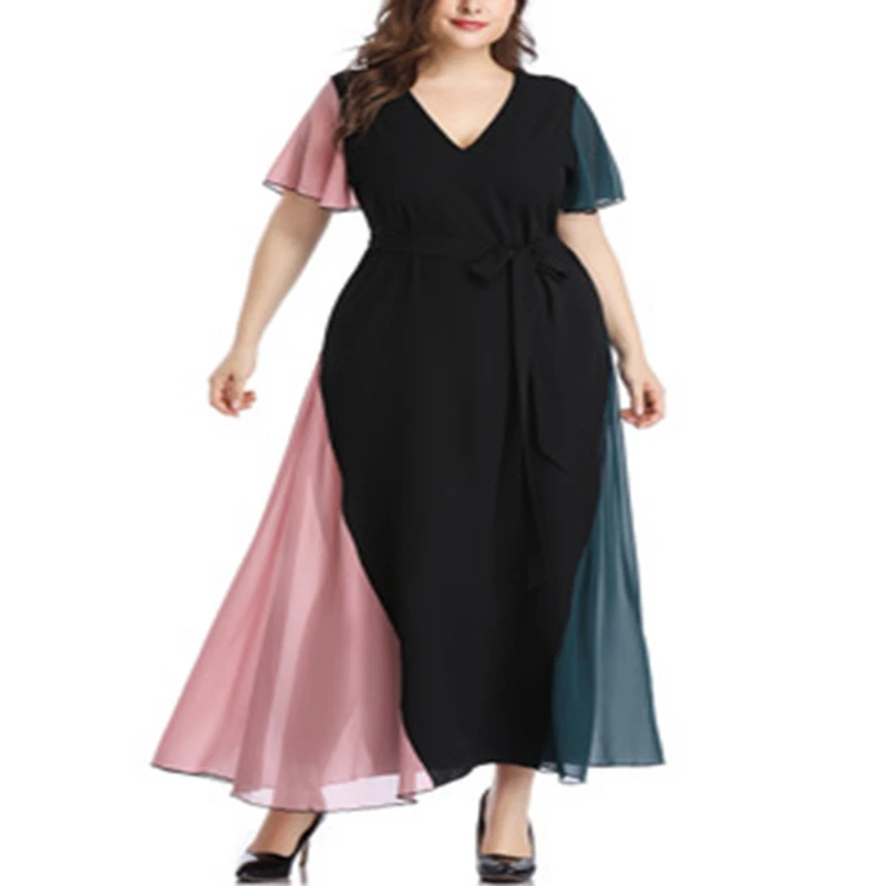 

Summer Large Size 2XL-6XL Women's Sexy Deep V-neck Stitching Contrast Belt Colorblock Chiffon Dress