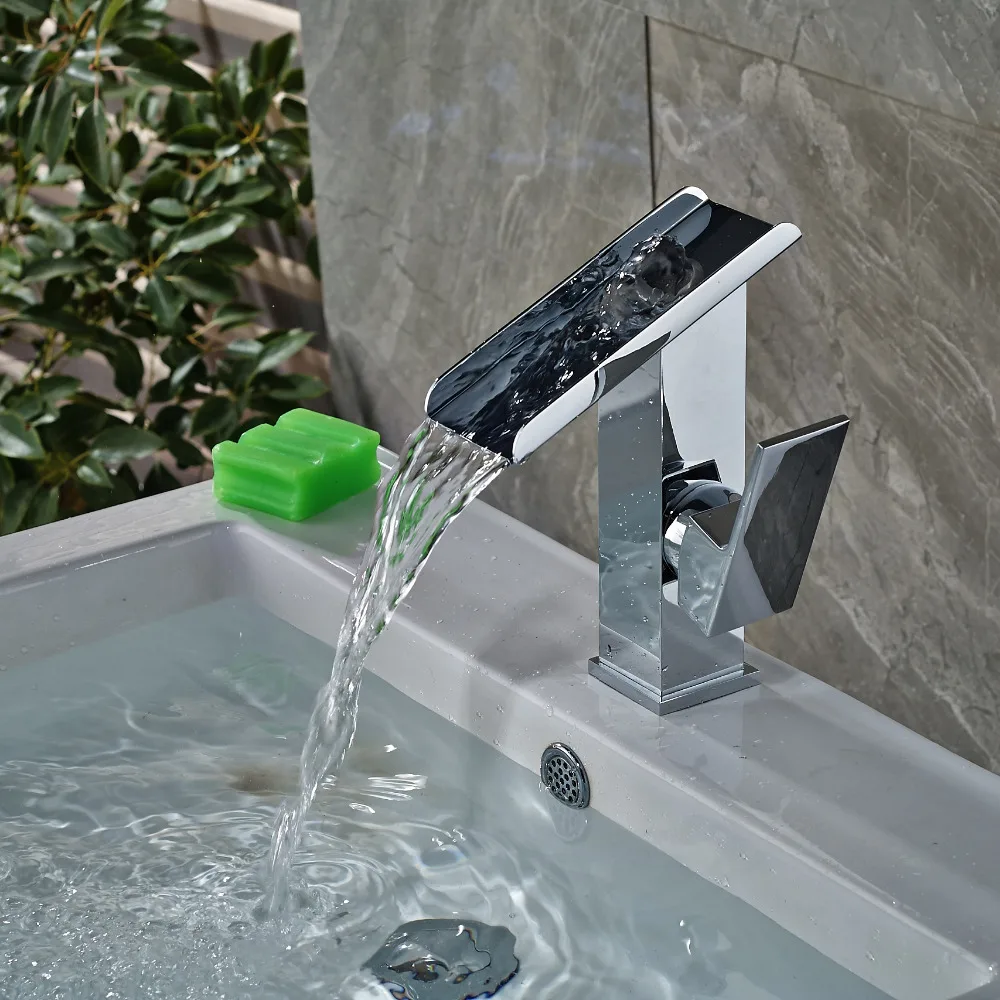 

Modern Square Single Handle Hole Vanity Sink Mixer Tap Waterfall Spout Mixer Tap