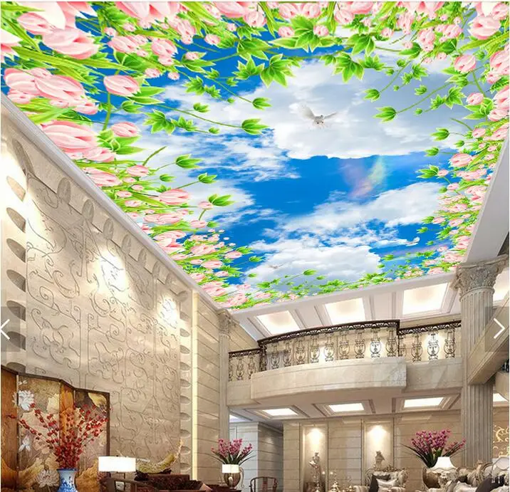 3d langit langit mural wallpaper kustom foto non woven awan langit biru bunga lukisan 3d dinding ...