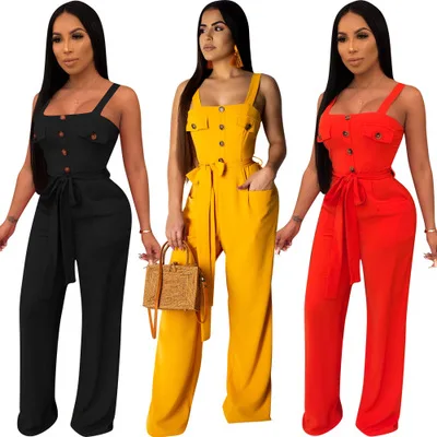 المرأة أنيقة طويلة حللا زائد حجم فضفاض Playsuits السباغيتي الأشرطة زر مستقيم الساق ارتداءها
