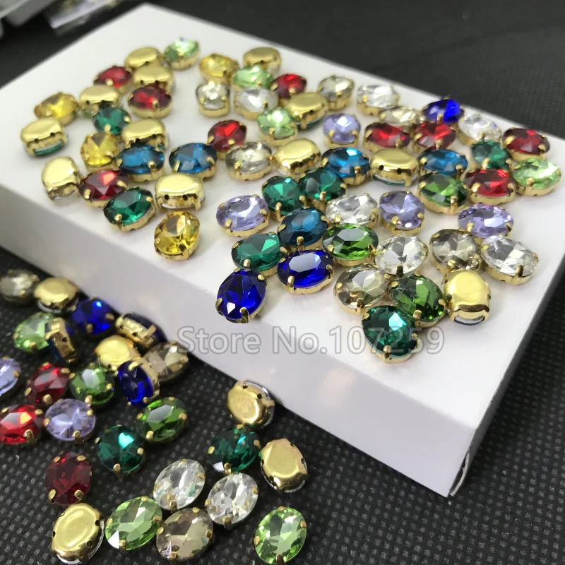 

TopStone Quality Sew on Oval Shape Glass Fancy Rhinestones In 4 holes Gold Brass Claw Setting For Sewing On Wedding Dress