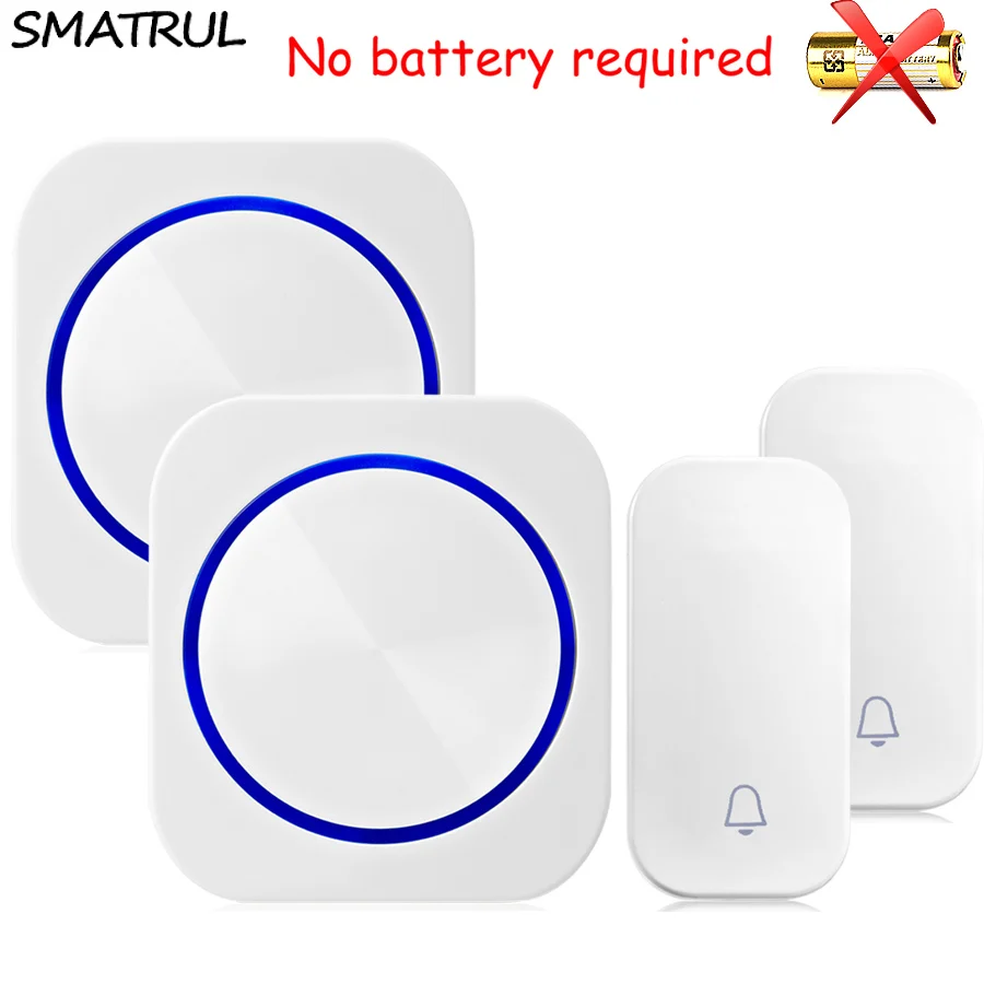

SMATRUL self powered Waterproof Wireless DoorBell night light no battery EU plug 150M Remote Door Bell chime 2 button 2 Receiver