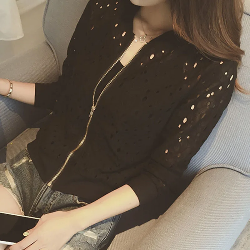 2019 Droppshiping Fashion Women Bomber Jacket Long Sleeve Lace Sunscreen Shirt Short Summer Thin Coat Casual Baseball Coat BF