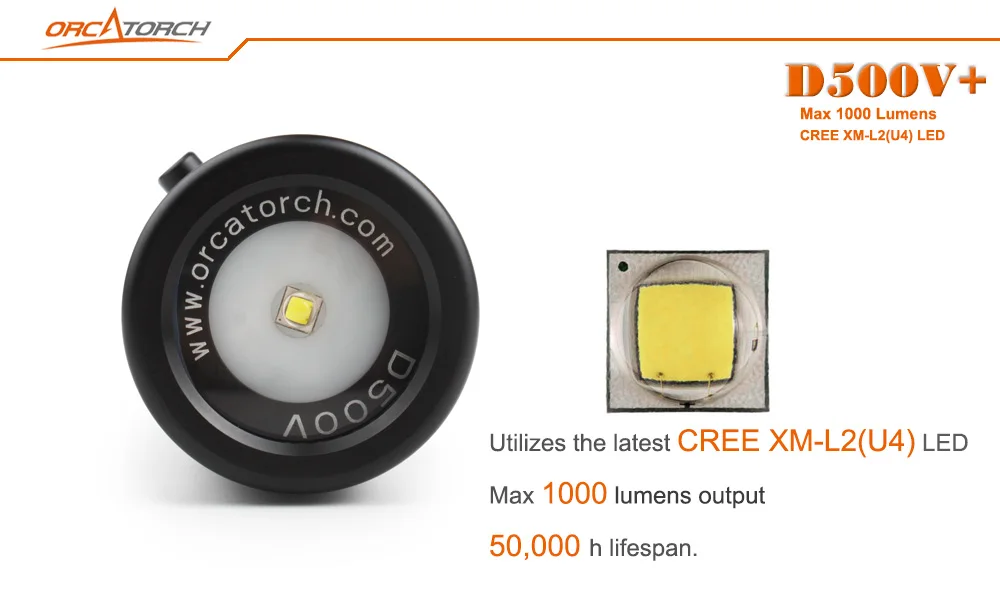 ORCATORCH D500V + светодиодный фонарь для дайвинга CREE XML2 U4 Led 1000lm подводный 120 градусов