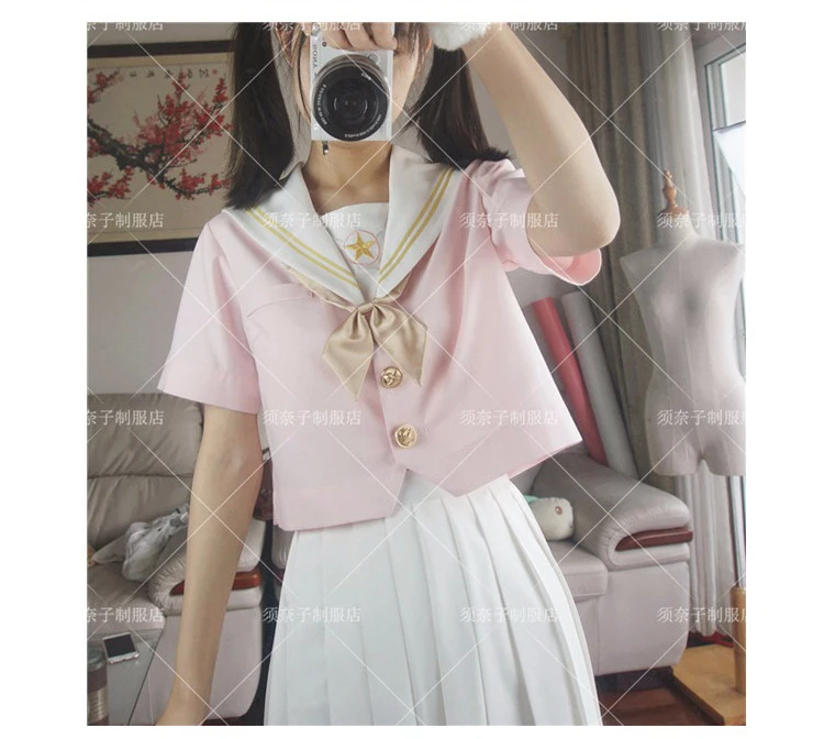 

Anime Card Captor Sakura Symbol Embroidery Japanese Girls School Uniform JK Set: Sailor Collar T-shirt + Mini Pleated Skirt