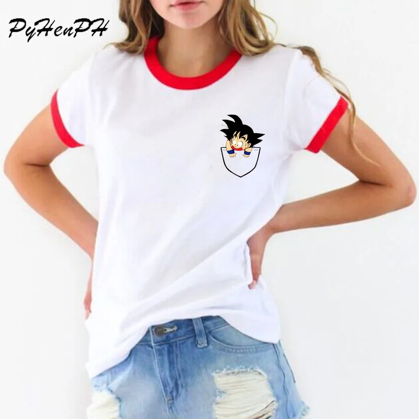 PyHen Анимефутболки женские Dragon Ball Дизайн футболка Мода Повседневная Забавный Мультфильм карманные Гоку Напечатаны майка женская Blusa - Цвет: C2