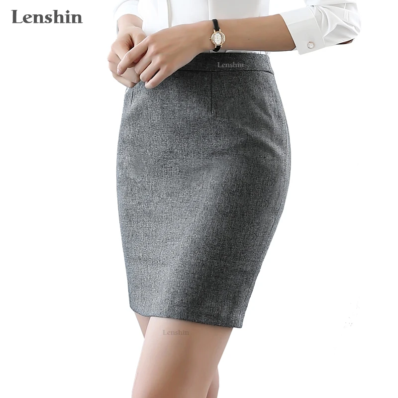 Lenshin Women Gray Skirts for Work Wear Simple Style Pencil Formal