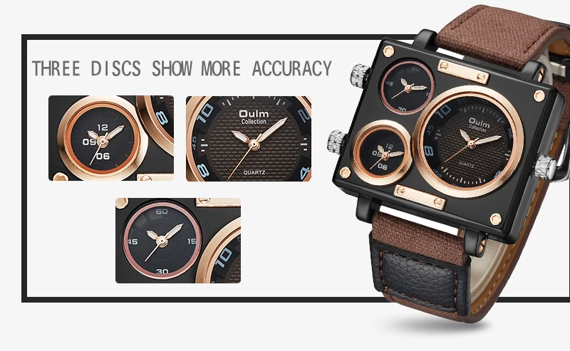 OULM Unique Fashion Quarzt Watch Men Military Sports Oversize 3 Time Zones Rectangle Wrist Watches