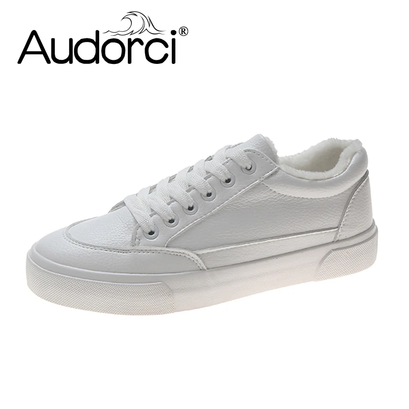 Audorci/2018 зимняя женская теплая повседневная обувь модная белая на шнуровке