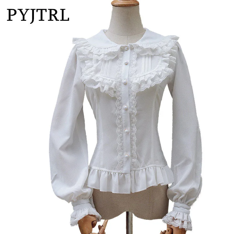 PYJTRL Japanese Style Lolita Blouse Sweet White Lace Long Sleeve Cambric Chiffon Women's Shirt Vintage Women Blouses PYJTRL Japanese Style Lolita Blouse Sweet White Lace Long Sleeve Cambric Chiffon Women's Shirt Vintage Women Blouses