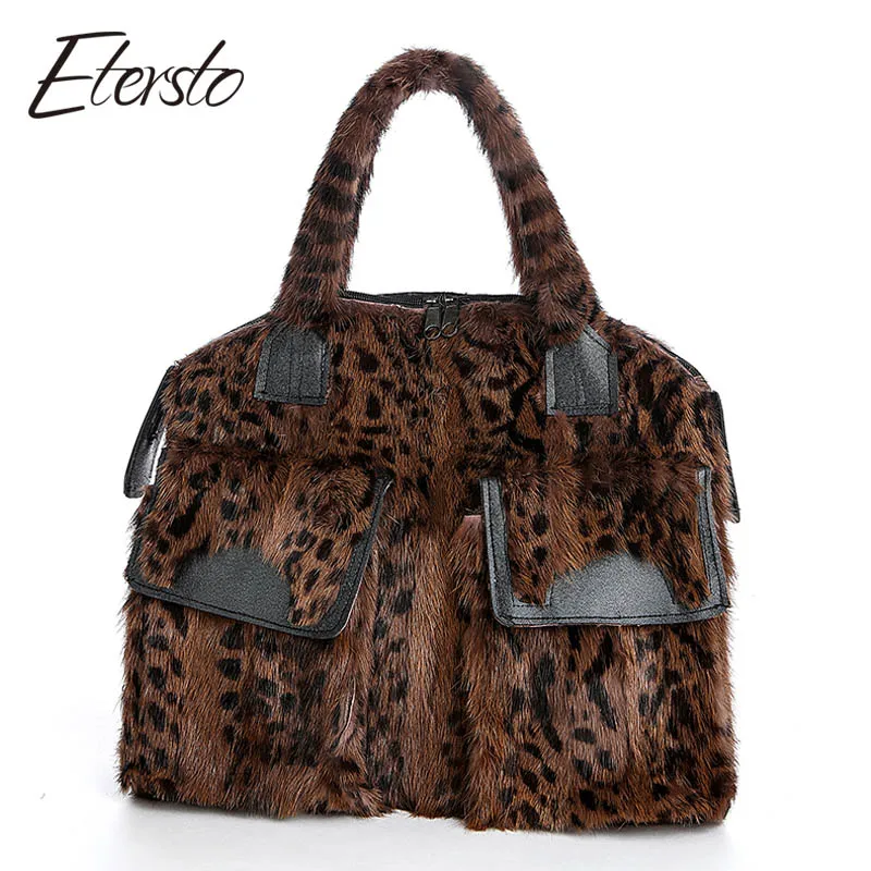 

Etersto 2017 New Real Brown Mink Fur Women Bags Leather Fur Messenger Bag Solid Big Handbag Fashion Ladies Crossbody Bags