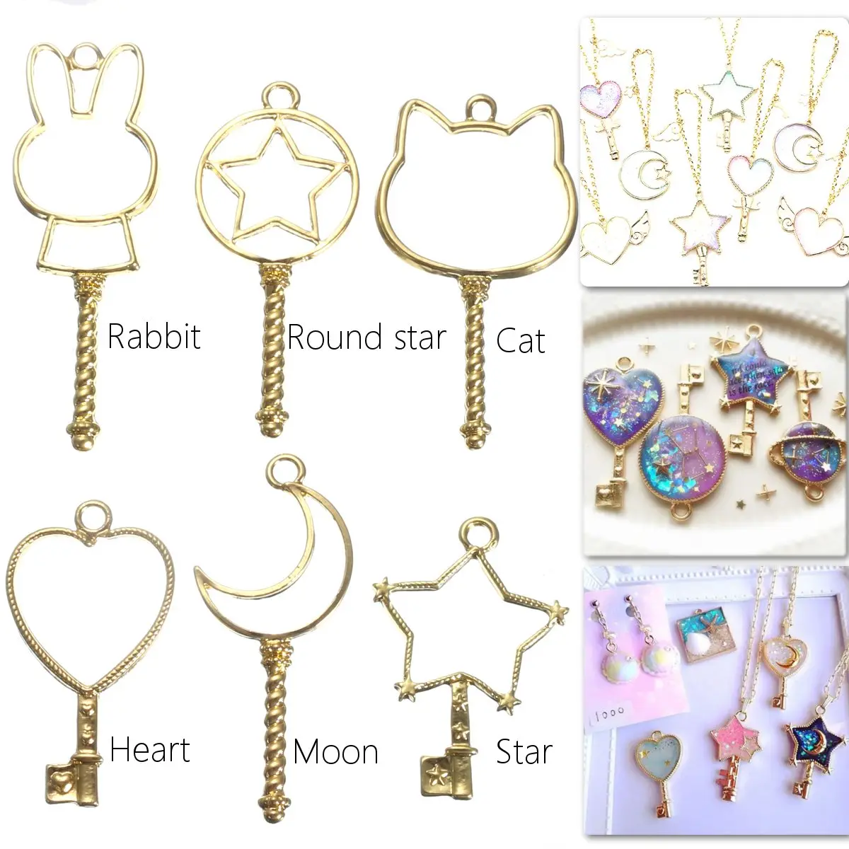 

6pcs Metal Frame Pendant Gold Charm Bezel Setting Rabbit Round Moon Star Shape Cabochon Setting For DIY UV Resin Epoxy Jewelry