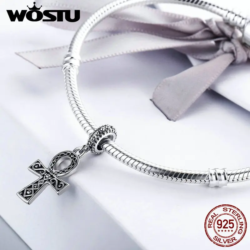 WOSTU Hot Sale 925 Sterling Silver Anka Cross Beads Dangle Fit Original WST Charm Bracelet DIY Fine Jewelry Gift FIC185
