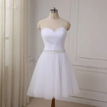 

Beaded Summer Tulle Short Wedding Gowns 2019 White Beach Wedding Dress Knee Length Bride Dresses vestido de noiva