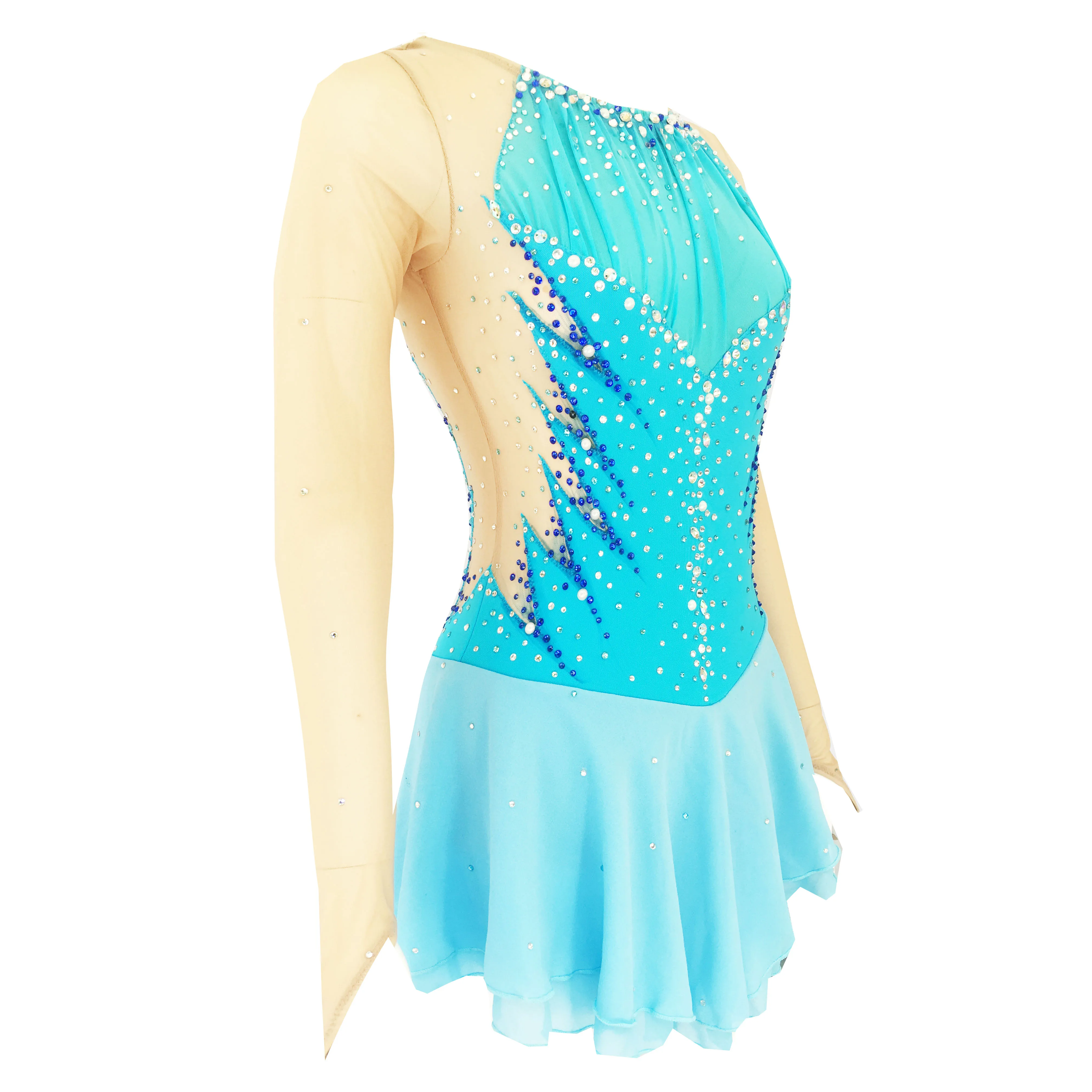 

Blue Figure Skating Dress,Long-Sleeved Ice Skating Skirt,Fingerpoint Sleeves Spandex Competition Dresses Half Collar Mesh Skirt
