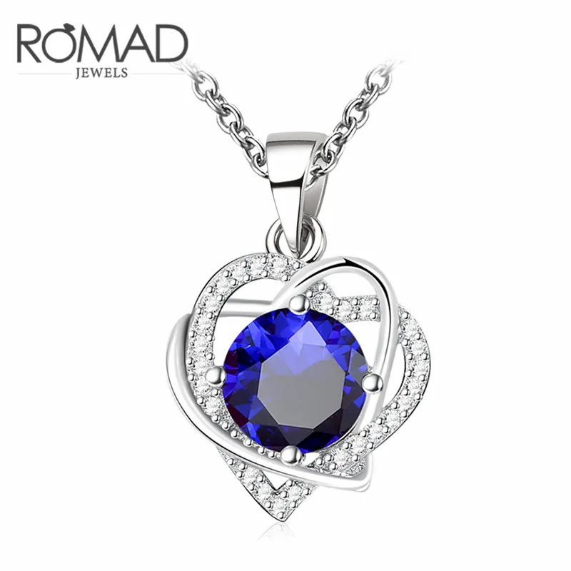 

ROMAD 2 Heart Blue Stone Necklace Pendants Wedding Party Fashion Cubic zirconia CZ Blue Glass Crystal Female Christmas Necklaces