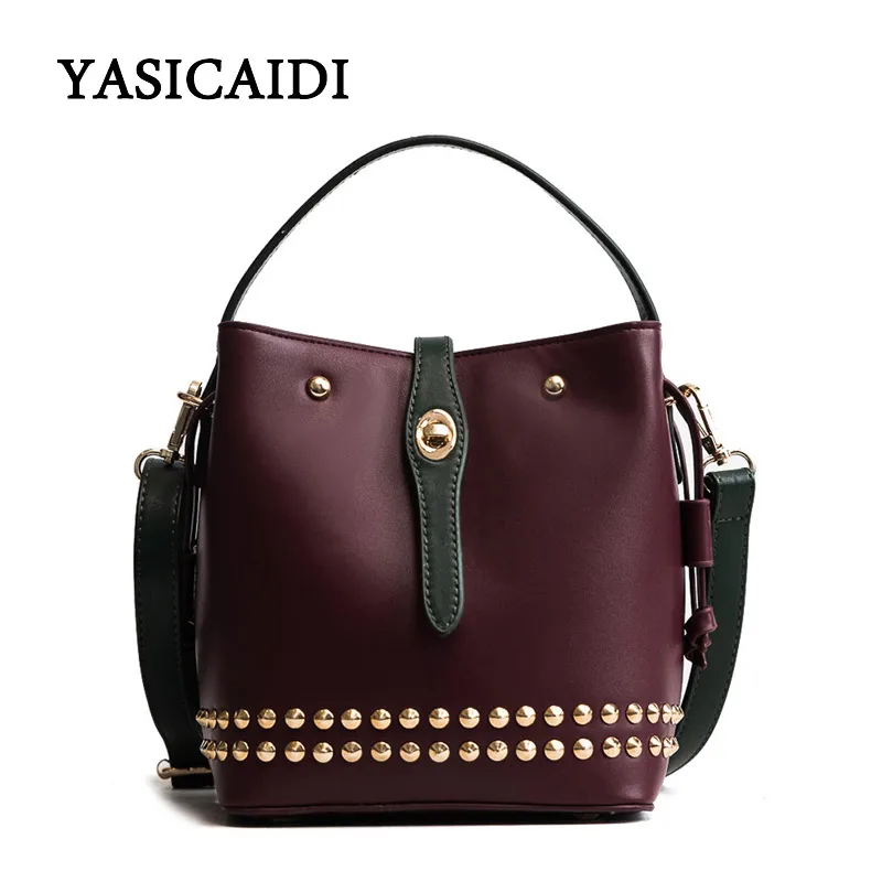 

Famous Brands Women Messenger Bags Vintage PU Leather Women Handbags Designer Women Tote Bag High Quality Rivet Bucket Bag
