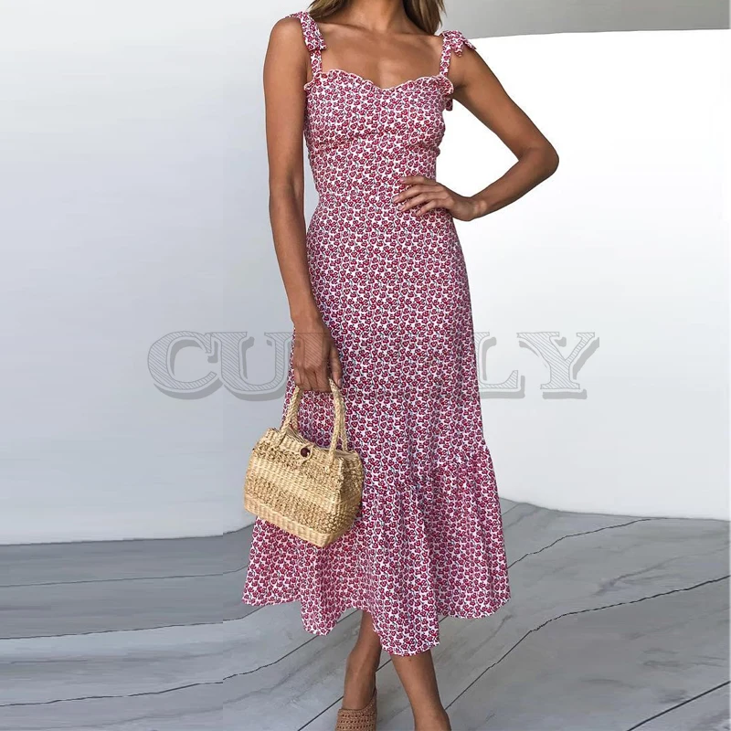 Image CUERLY 2019 Print Ruffles Mid Summer Dress Women Casual Twist Party Dress Strapless Print Beach Princess Long Dress CUERLY