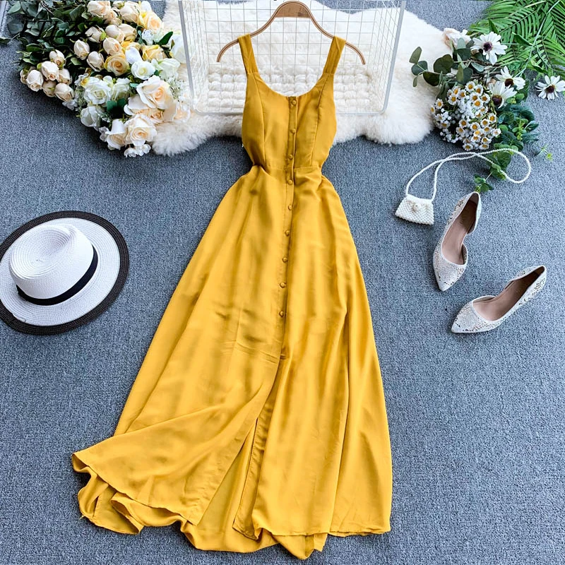 

FTLZZ 2019 New Women's Sleeveless Bohemian Dresses Summer Retro Solid Color Single Breasted Sexy Backless Spaghetti Strap Dress