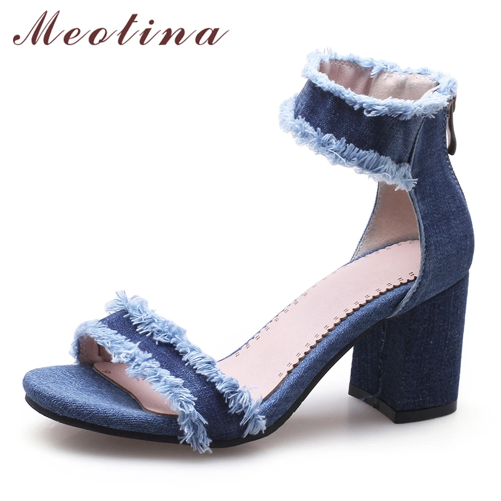 

Meotina Women Shoes Summer Sandals Zipper Chunky High Heels Shoes Denim Open Toe Fashion Sandals New Female Blue Plus Size 33-43