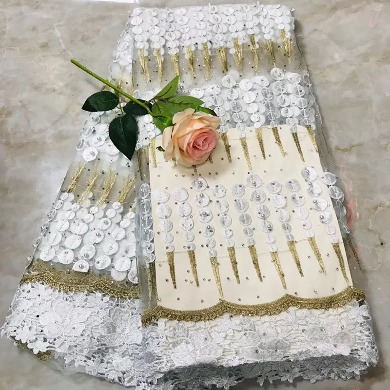 

(5yards/pc) White and gold guipure laced African French net lace fabric with lots of stones and beads for party dress FLV60