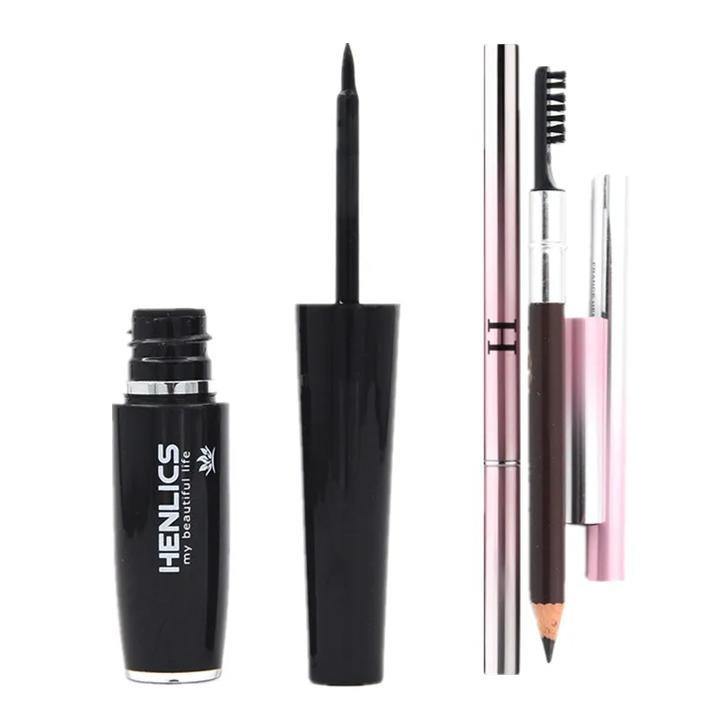

HENLICS 2pcs/set Eye Make Up Set Brown Color 2in1 Waterproof Eye Brow Eyeliner Eyebrow Pen Pencil with Brush +Liquid Eye liner