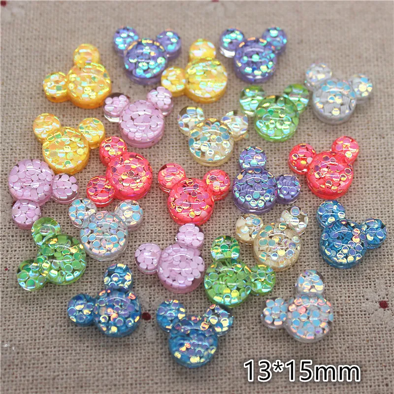 cheap 50pcs 13*15mm Mix Colors Glitter Resin Mickey Flatback Cabochons DIY hair bow center Scrapbook Decoration