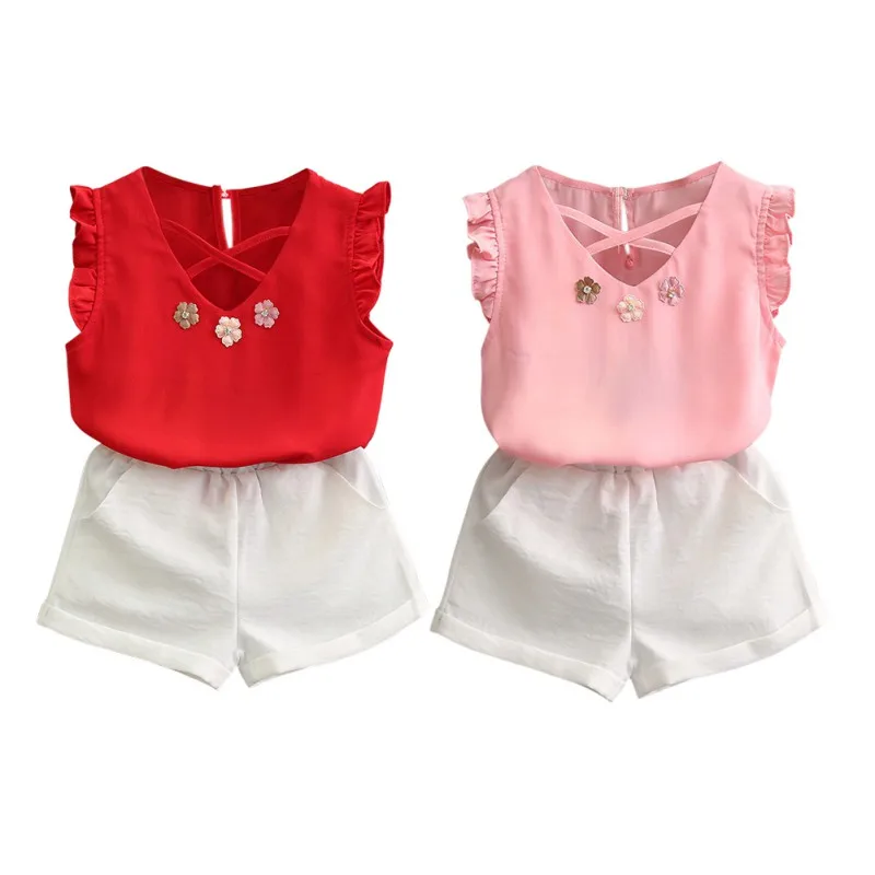 

Summer Baby Girl Cute Solid Clothes Sweet Sleeveless Chiffon T-shirt Tops Shorts 2PCS Outfits Fashion Clothing Set