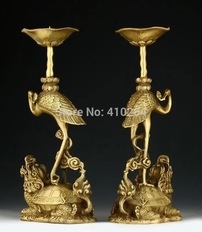 

$old craft$ A PAIR OF ORIENTAL CHINESE CARVED COPPER CANDLE STICK-CRANE STATUES (A0314)
