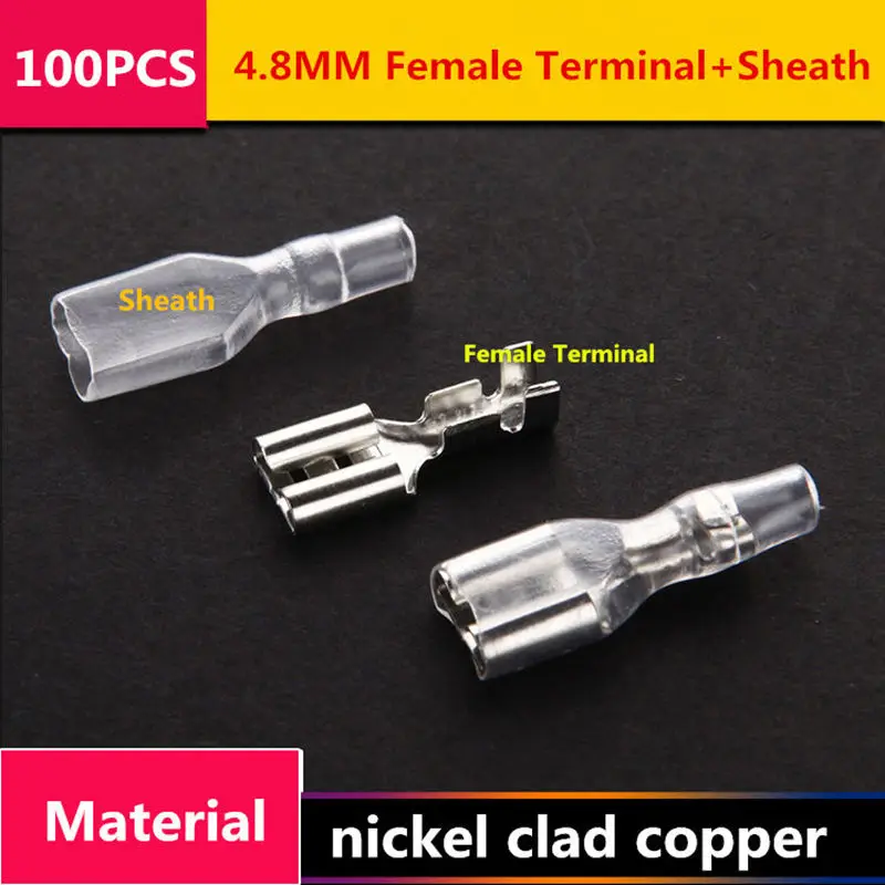 

100PCS/LOT T007 Crimp Terminal 4.8MM Male/Female Connecting terminal + Sheath splice pressed terminals nickel clad copper